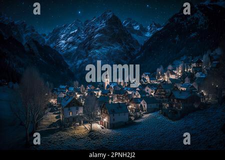 Eine gemütliche Winternacht in einem schneebedeckten Alpendorf mit Sternenhimmel und leuchtenden Fenstern Stockfoto