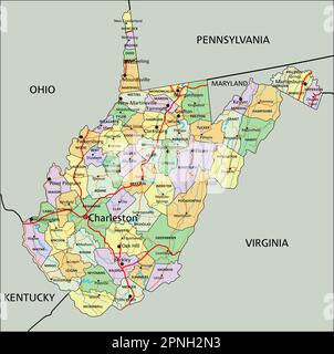 West Virginia - sehr detaillierte, bearbeitbare politische Karte mit Beschriftung. Stock Vektor