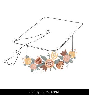 Abschlussmütze mit Blumenkranz. Mortarboard in durchgehender einzeiliger Zeichenform. Minimalistische Darstellung isolierter Vektoren mit graduierter Kappe. Stock Vektor