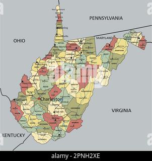 West Virginia - sehr detaillierte, bearbeitbare politische Karte mit Beschriftung. Stock Vektor