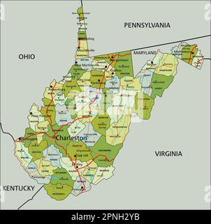 Sehr detaillierte, bearbeitbare politische Karte mit getrennten Schichten. West Virginia. Stock Vektor