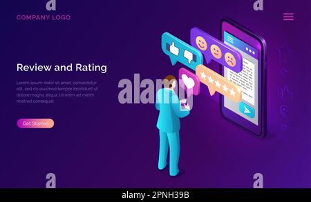 Isometrische Landing-Page überprüfen und bewerten. Der Kunde steht auf dem riesigen Smartphone-Bildschirm und gibt Feedback ab und fügt Stars in die mobile App ein. Kunden bewerten die Servicetechnologie. 3D-Vektordarstellung, Webbanner Stock Vektor