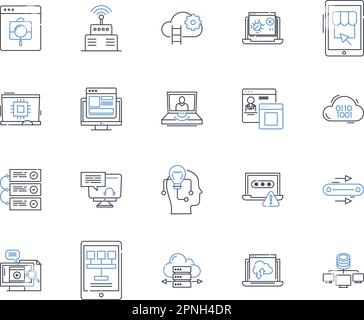 Symbolsammlung für Audiogeräte. Verstärker, Lautsprecher, Kopfzeichen, Mikrophon, Subwoofer, Empfänger, Mischvektor und lineare Darstellung. Equalizer, DAC Stock Vektor