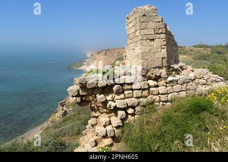 Überreste der Kreuzritter-Burg in der antiken Stadt Apollonia (Tel Arsuf) an der Mittelmeerküste von Herzliya, Apollonia-Nationalpark, HaSha Stockfoto