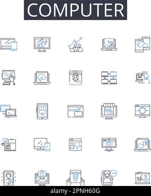 Symbolsammlung für Computerzeilen. Laptop, Desktop, Computer, Workstation, Prozessor, System, Gerätevektor und lineare Darstellung. Technologie, PC, Server Stock Vektor