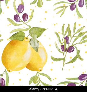 Aquarell Zitronenolivmuster. Nahtloses Muster mit Zitronen- und Olivästen. Die Abbildung wird von Hand gezeichnet Stockfoto