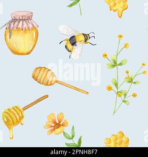 Wasserfarbenes, nahtloses Muster mit Bienen, Blumen, Honigkamm, Becher und Honiglöffel. Bienenzucht. Design für die Verpackung von Honigprodukten Stockfoto