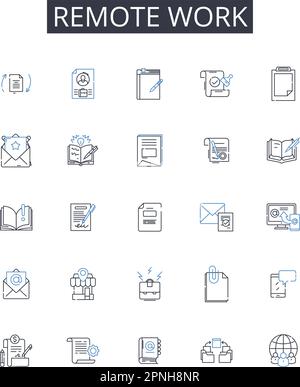 Symbolsammlung für entfernte Arbeitslinien. Virtuelles Lernen, Online-Shopping, digitales Banking, mobiles Gaming, Social Nerking, Multitasking, Suchmaschine Stock Vektor