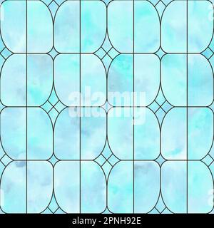 Aquarelle Buntglasfenster Abstraktes geometrisches nahtloses Muster mit goldener und schwarzer Linienkontur. Wasserfarbener, handgezeichneter, türkisfarbener Hintergrund Stockfoto