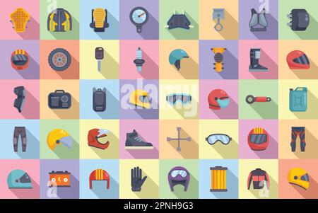 Symbole für Motorradausrüstung legen einen flachen Vektor fest. Helmfahrrad. Bedecke Enduro Stock Vektor