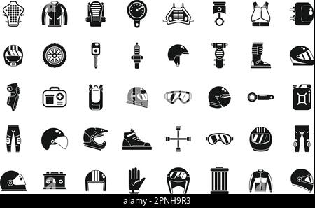 Symbole für Motorradausrüstung legen einen einfachen Vektor fest. Helmfahrrad. Bedecke Enduro Stock Vektor