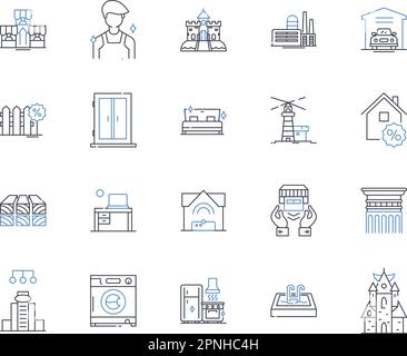 Houseland Line Icons Kollektion. Haus, Nachbarschaft, Gemeinschaft, Eigentum, Immobilien, Investition, Familienvektor und lineare Darstellung. Eigentum Stock Vektor