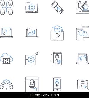 Symbolsammlung für tragbare Elektronikgeräte. Smartph, Tablet, Laptop, E-Reader, Smartwatch, Kopfzeichen, Lautsprechervektor und lineare Darstellung. Ladegerät Stock Vektor