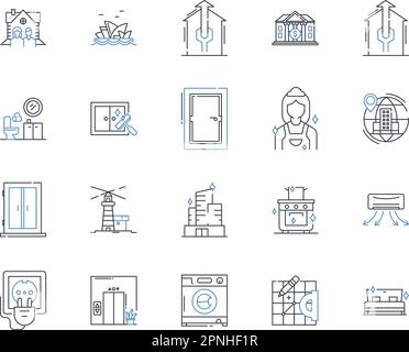 Sammlung der Zeilensymbole für die Eigenschaftenaktualisierung. Wartung, Reparatur, Renovierung, Reinigung, Landschaftsgestaltung, Schädlingsbekämpfung, Malvektor und lineare Darstellung Stock Vektor