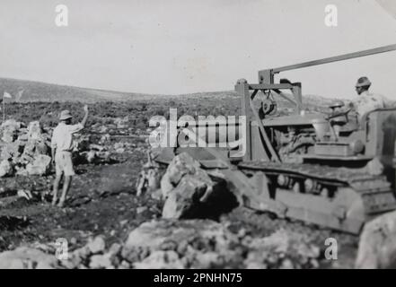 Räumung der Felder für landwirtschaftliche Arbeiten Yehi'am (Yehiam יְחִיעָם) ist ein Kibbuz im Norden Israels. Yehiam befindet sich im westlichen oberen Galiläa und wurde von einer Gruppe der sozialistischen zionistischen Hashomer Hatzair-Jugendbewegung gegründet Holocaust-Überlebende aus Ungarn und Mitglieder von Jishuv, die sich selbst Kibbutz HaSela Yehiam nannten, befinden sich neben den Ruinen der osmanischen Burg Jiddin, die auf der Kreuzritter-Burg Judin aus dem 13. Jahrhundert erbaut wurde. Am 26. November 1946 wurde Kibbutz Yehiam an der Stelle der mittelalterlichen Burg errichtet, wo zunächst nur die Männer ihren Wohnsitz in der Besetzung nahmen Stockfoto