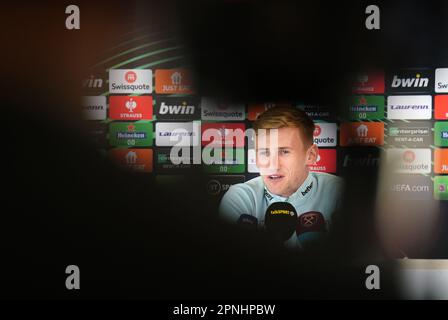 Die Flynn Downes von West Ham United während einer Pressekonferenz im Rush Green Training Ground, London. Bilddatum: Mittwoch, 19. April 2023. Stockfoto