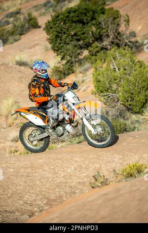 Motocross Rider, Slickrock Trail, Sand Flats Recreation Area, Moab, Utah USA Stockfoto