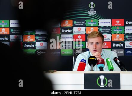 Die Flynn Downes von West Ham United während einer Pressekonferenz im Rush Green Training Ground, London. Bilddatum: Mittwoch, 19. April 2023. Stockfoto