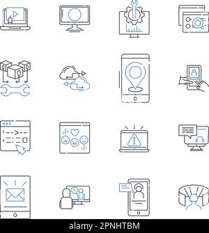 Sammlung der Tastaturzeilensymbole. Tippen, Tasten, Tasten, Buchstaben, QWERTY, Mechanische Darstellung, Membranvektor und lineare Darstellung. Kabellos, Hintergrundbeleuchtung Stock Vektor