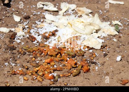 Vergeudete Lebensmittel auf dem Boden, die aus Roti und pflanzlichem Curry bestehen, zeigen das Konzept, dass man Lebensmittel nicht verschwenden darf Stockfoto