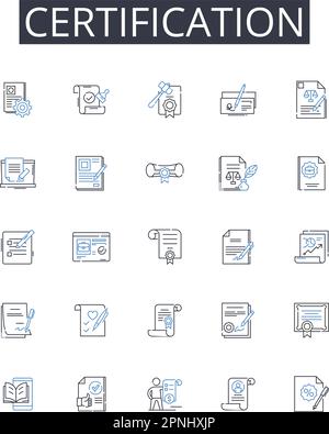 Symbolsammlung für Zertifizierungslinien. Genehmigung, Akkreditierung, Authentifizierung, Autorisierung, Bestätigung, Bestätigung, Erkennungsvektor und linear Stock Vektor