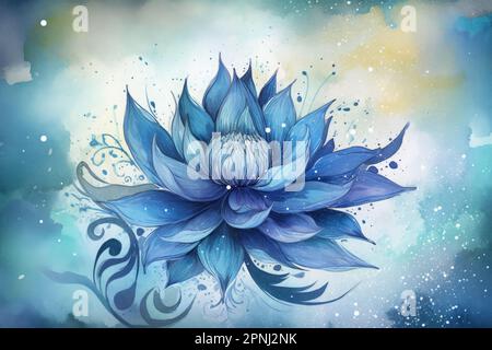 Erstelle eine Aquarell-Illustration einer blauen Blume mit einem mystischen und magischen Effekt, indem du Glitzer-Akzente und wirbelnde Muster verwendest Stockfoto