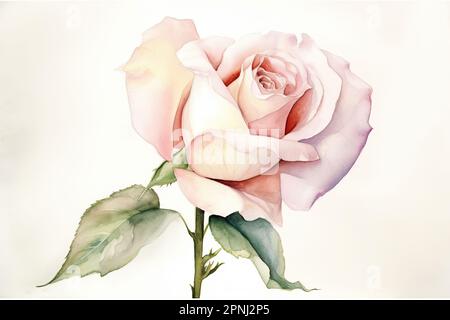 Malen Sie ein romantisches und traumhaftes Bild einer einzelnen Rose in sanften Pastelltönen mit weißem Hintergrund Stockfoto