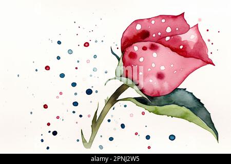 Erstelle eine Aquarell-Illustration eines Rosenknochens mit verspielter und skurriler Note und füge Elemente wie Punkte oder Streifen zu den Blütenblättern hinzu Stockfoto