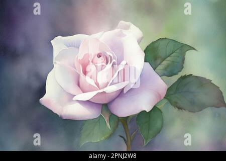 Malen Sie ein ruhiges, wasserfarbenes Bild einer einzelnen Rose mit einem weichen und traumhaften Hintergrund, der ein Gefühl von Ruhe und Gelassenheit hervorruft Stockfoto