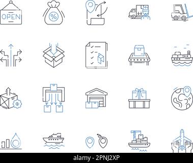 Symbolsammlung für Frachtlogistik. Transport, Versand, Auslieferung, Fracht, Import, Export, Versandvektor und lineare Darstellung. Frachtführer Stock Vektor