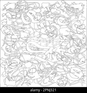 Doodle Handdrawn Street Art Design, Schwarz-Weiß, Malseite, abstrakte Darstellung von lebendigen Linien, Tablet Notebook Sketch Stock Vektor