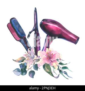 Aquarelle Abbildung des Friseursalons. Friseurset. In Aquarellfarben gehaltene Einrichtung mit Haartrockner, Haartrockner, Lockenstab, mit Lilien dekoriert Stockfoto