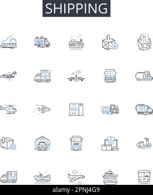 Symbolsammlung für Versandpositionen. Lieferung, Fracht, Transport, Versand, Transport, Versand, Transfervektor und lineare Darstellung. Beförderung Stock Vektor