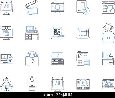 Symbolsammlung für Videoproduzenten. Kinematographie, Editing, Pre-Production, Post-Production, Storyboarding, Filmerstellung, Beleuchtungsvektor und linear Stock Vektor