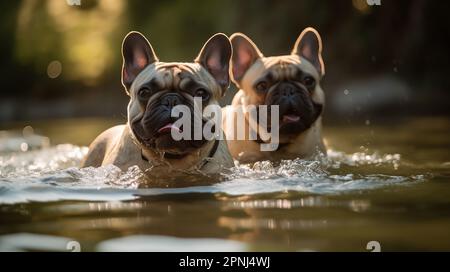 Zwei französische Bulldoggen schwimmen in einem See Stockfoto