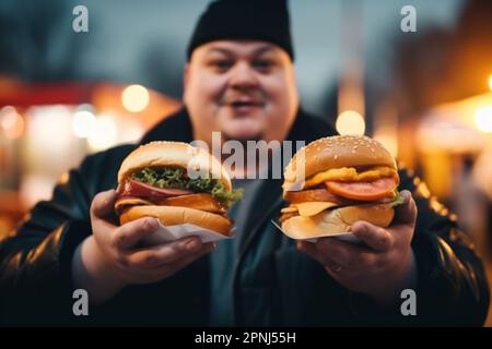 Ein großer Mann hält am Abend mehrere Burger in den Händen vor dem Hintergrund eines Food Trucks Stockfoto