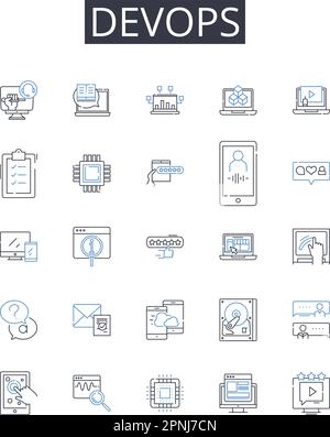 DevOps Line Icons Kollektion. Agile Entwicklung, Cloud-Computing, Digitale Transformation, kontinuierliches Lernen, Geschäftsanalysen, Maschinelles Lernen Stock Vektor