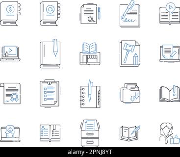 Symbolsammlung der Fernlernleitung. Virtuell, Online, Entfernung, E-Learning, Digital, Synchrone, asynchrone Vektoren und lineare Darstellung. Zoomen Stock Vektor