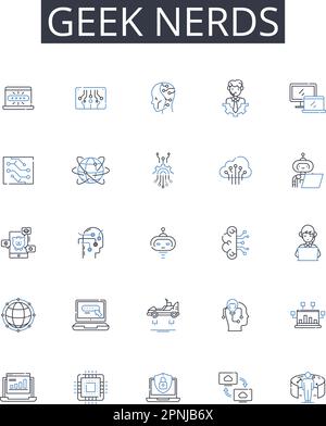 „Geek Nerds Line Icons“-Kollektion. Brainiacs, Savants, Technophile, Intellektuelle, Cognoscenti, Schlaue Bande, allwissende Vektoren und lineare Illustration Stock Vektor