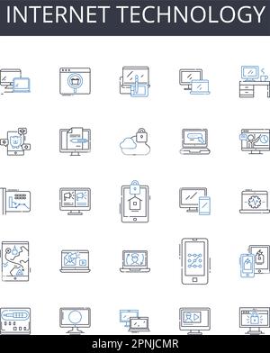 Symbolsammlung für Internettechnologie. Computerhardware, soziale Medien, digitale Kommunikation, Mobilgeräte, Informationstechnologie, Kabellos Stock Vektor