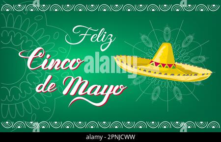 Frohe Cinco de Mayo, Begrüßung mit Sombrero, Buchstaben, Mandalen Stock Vektor
