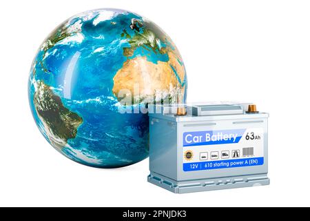 Autobatterie mit Earth Globe, 3D-Rendering auf weißem Hintergrund isoliert Stockfoto