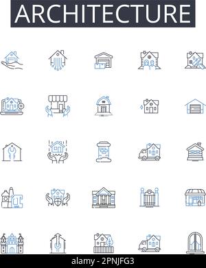 Sammlung der Liniensymbole der Architektur. Engineering, Gebäude, Entwurf, Planung, Konstruktion, Layout, Strukturvektor und lineare Darstellung Stock Vektor