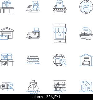 Sammlung der Positionssymbole für den Kurierdienst. Lieferung, Express, Logistik, Transport, Versand, Vektor „Paket“, „Fracht“ und lineare Darstellung. Schnell Stock Vektor