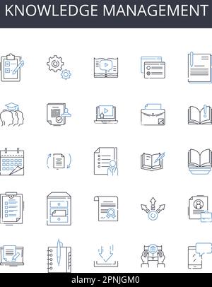 Sammlung der Liniensymbole für das Knowledge Management. Personalbeschaffung, Datenanalyse, Ressourcenzuweisung, Risikomanagement, Markenwahrnehmung, Mitarbeiter Stock Vektor