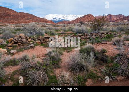 Ruinen der alten Geisterstadt Harrisburg im Süden von Utah, USA. Schneebedeckte Pine Valley Mtns im Hintergrund. Stockfoto