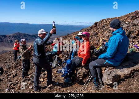 Eine Gruppe von Touristen öffnet Eine Flasche Champagner während Einer Geburtstagsfeier auf dem Tongariro Alpine Crossing Walk, North Island, Neuseeland Stockfoto
