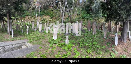 Kandilli Historischer Friedhof in Istanbul, Türkei, sticht mit seinen reichen Grabsteinen hervor. Stockfoto