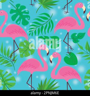 Vektormuster mit Flamingos und Palmenblättern auf blauem Hintergrund Stock Vektor