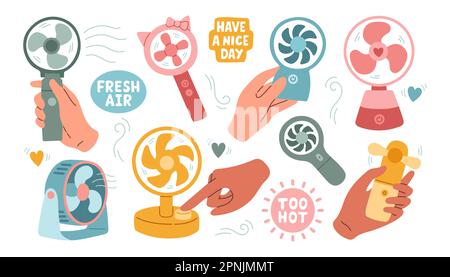 Tischventilator Handventilator in flacher Ausführung. Moderner elektrischer Lüfter verschiedene Farben sorgen für eine realistische Vektordarstellung. Stock Vektor